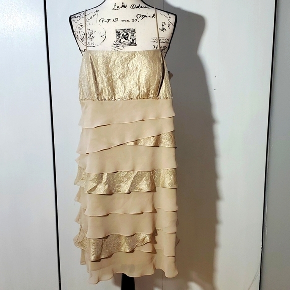 S.L Fashions Gold & Champagne Cream tiered ruffle Dress w/ Bolero Gorg! Sz.18 - Picture 1 of 9